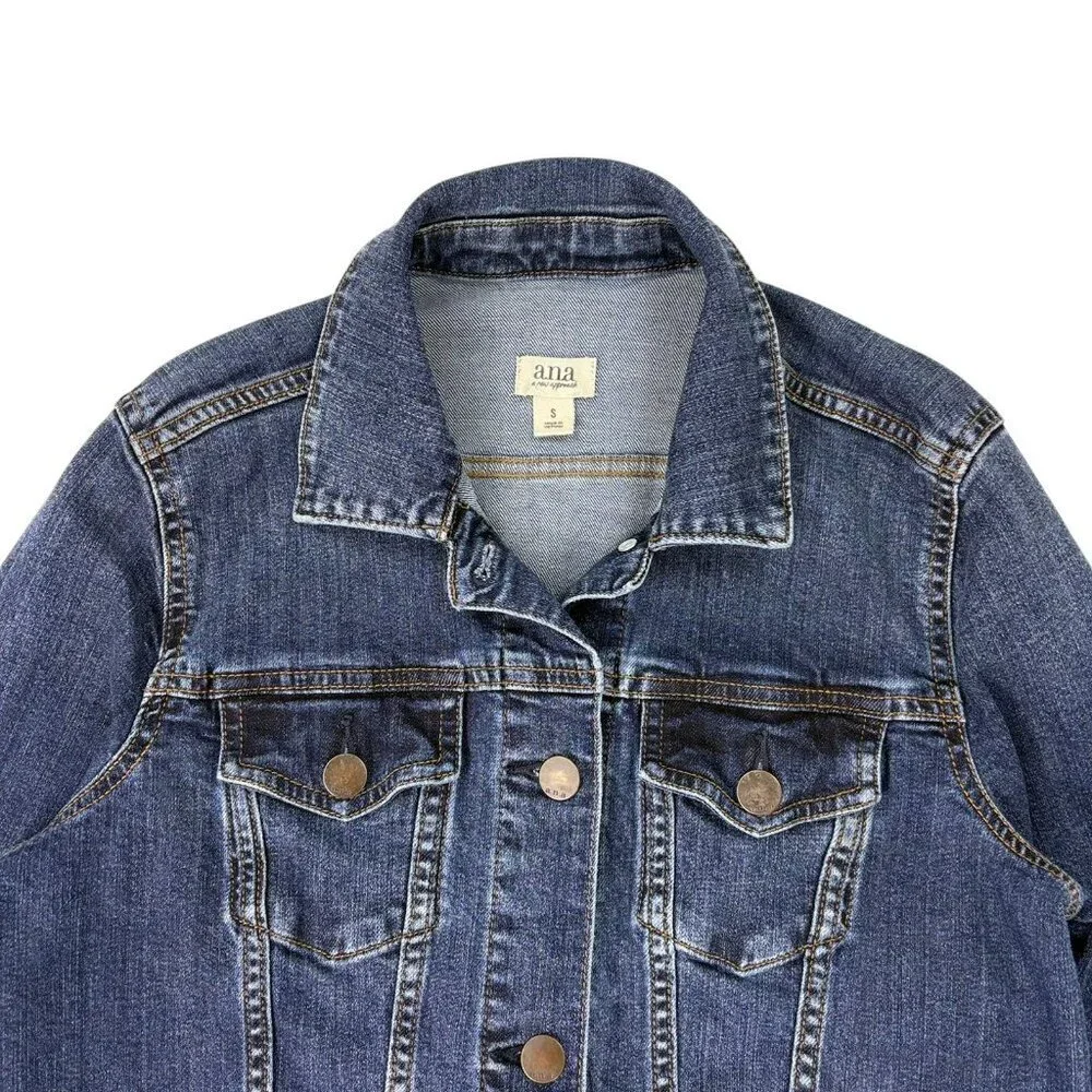 A.N.A Women’s Blue Denim Jean Jacket Size Small Stretch Classic Button Up